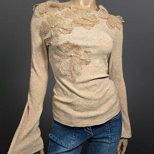 Boho Fairy Beige Bell Sleeve Top 3D Flowers Faux Pearls Size S Feminine